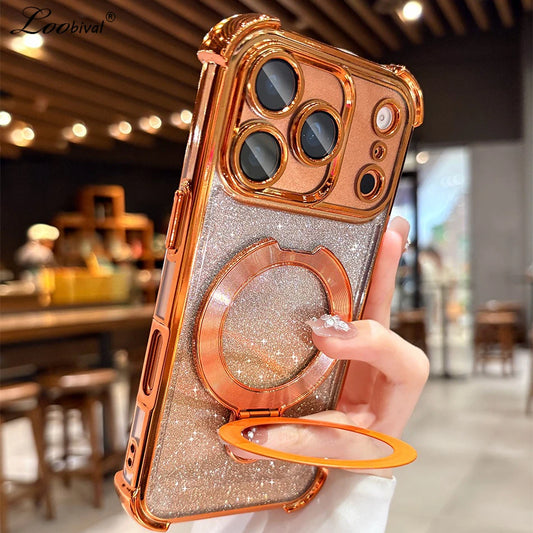 for Magsafe Glitter Bracket Plating Case for iPhone 17 16 15 Pro Max 14 Plus 11 12 13 Air Ring Holder Bling Airbag Bumper Cover