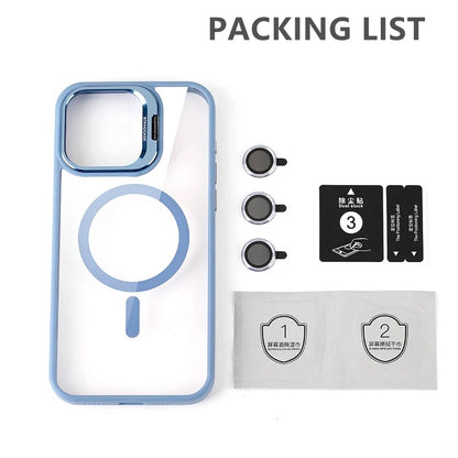 Fashion Magnetic Stand Case for iPhone 16 15 14 Plus 13 12 11 Pro Max Case for Magsafe Wireless Charge With Lens Protector Cover