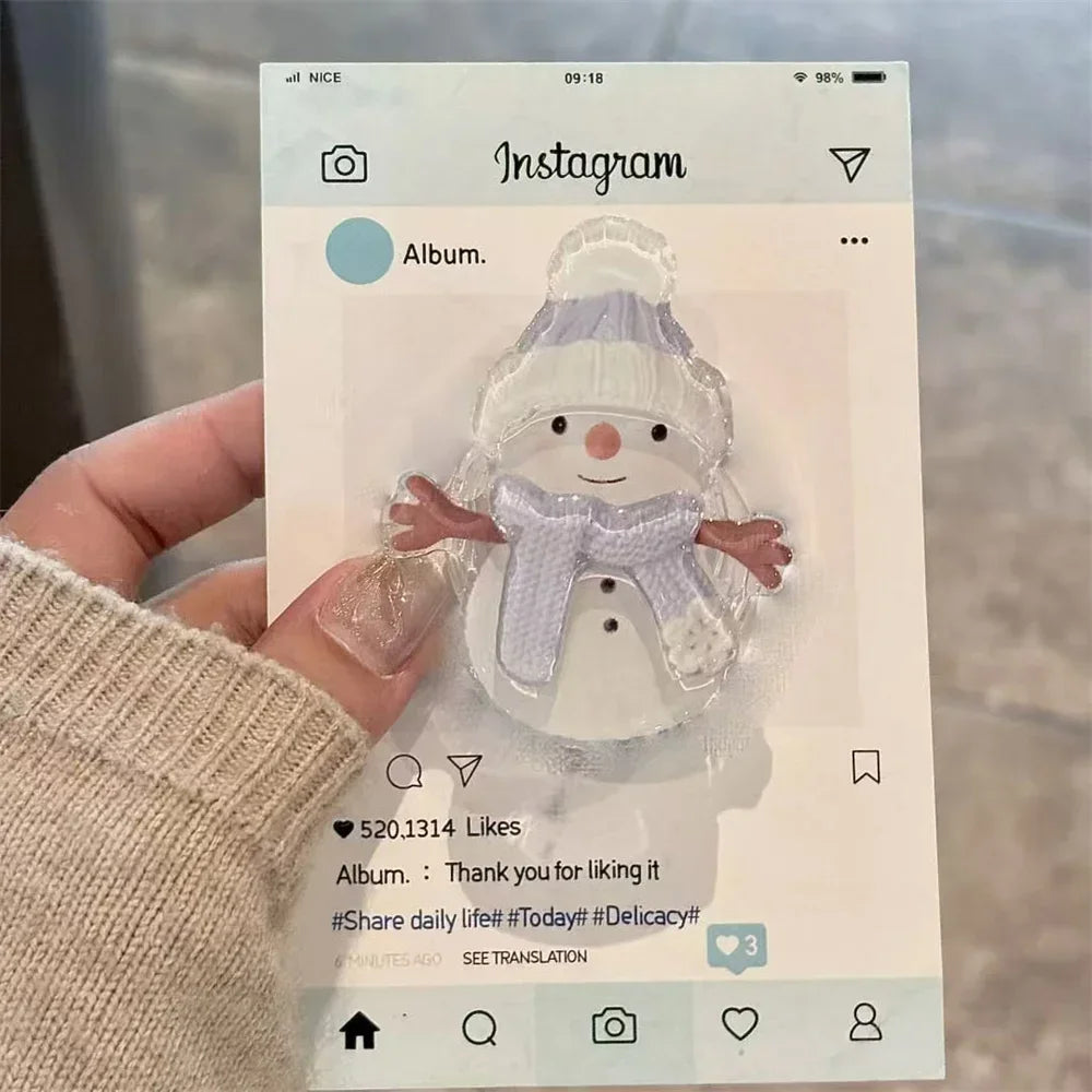 Cute Christmas 3D Snowman Quicksand Cartoon for Magsafe Griptok Holder Phone Finger Ring Stand Support for IPhone17 Girl Bracket