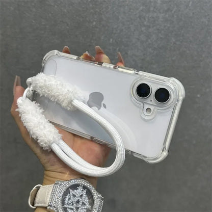 Hybrid Color Transparent Armor Case For iPhone 16 15 14 11 12 13 Pro Max Plus X Xr Xs Plush Wrist Strap Airbag Shockproof Cover