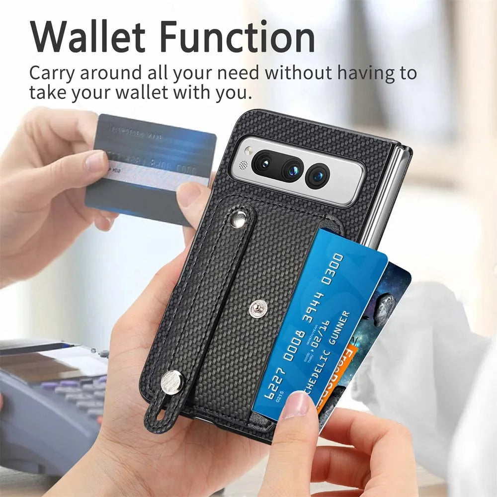 for Google Pixel Fold Case Shockproof Protect Lens Wristband Card Slot Stand Holder Shell PU Leather Carbon Texture Cover Fundas