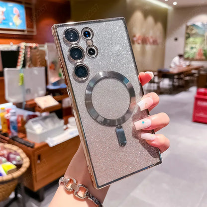 Glitter Luxury Magnetic Woman Case For Magsafe For Samsung Galaxy S24 S23 S22 S25 Ultra Plus Accessories Wireless Charging Cover