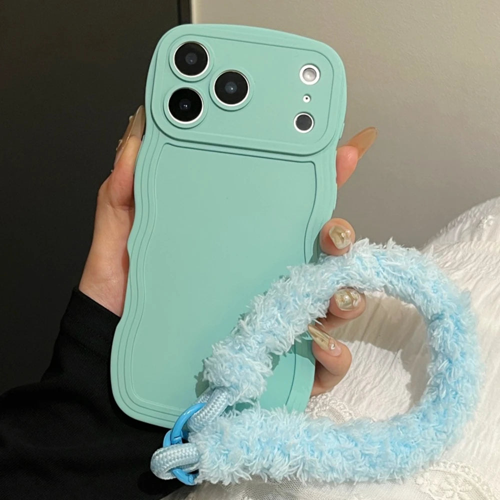 Liquid Silicone Plush Wrist Strap Case For iPhone 17 16E 15 14 13 12 11 Pro Max Plus 6 7 X XR XSMAX Anti-Slip Soft Bumper Cover