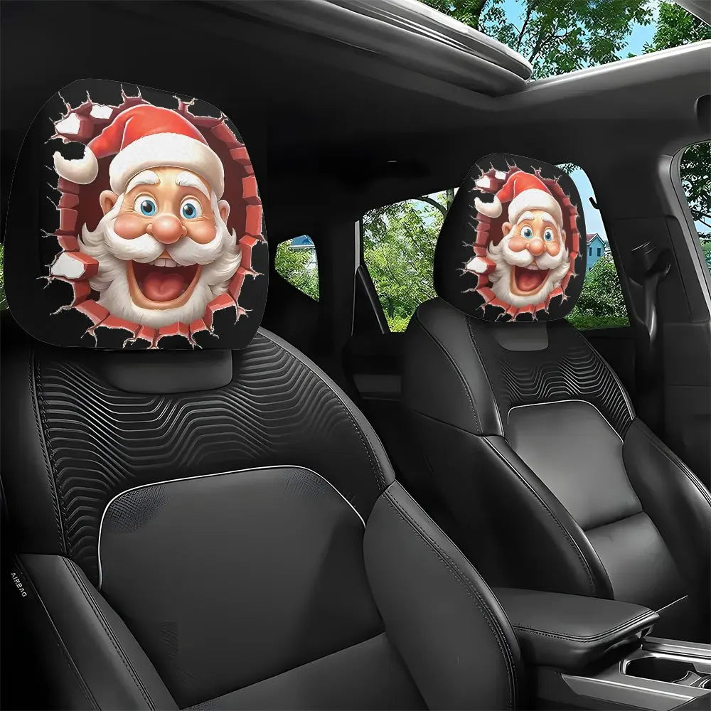 2-piece Christmas gift set, funny and quirky Santa Claus car headrest cover, car interior decoration, anti-oil and anti-stain