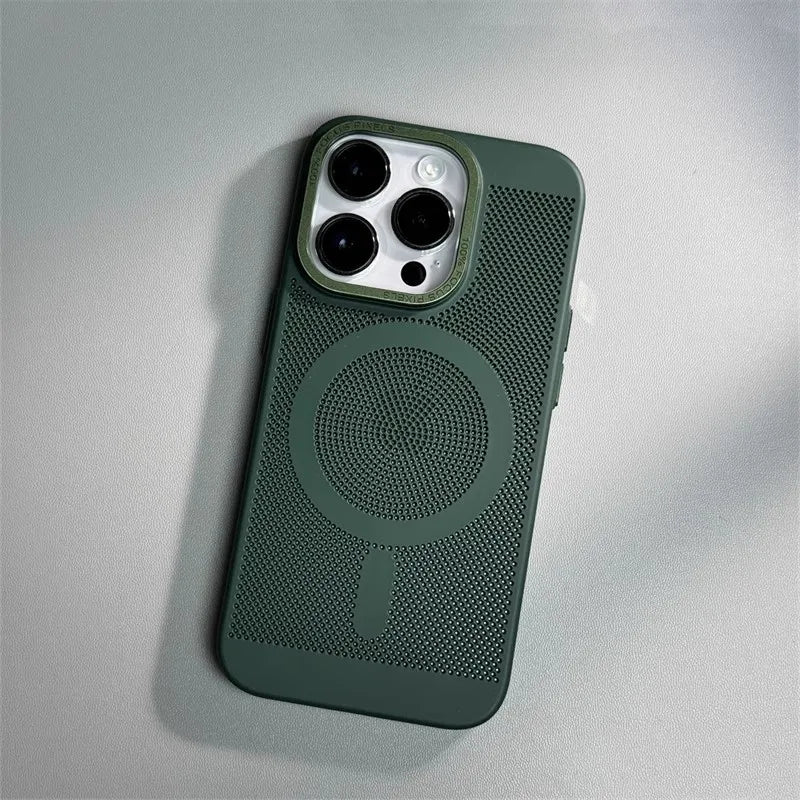 Honeycomb Grid Hole MagSafe Case for iPhone 16 15 Pro Max 14 Alloy Lens Summer Heat Dissipation Magnetic Back Cover PC Shell
