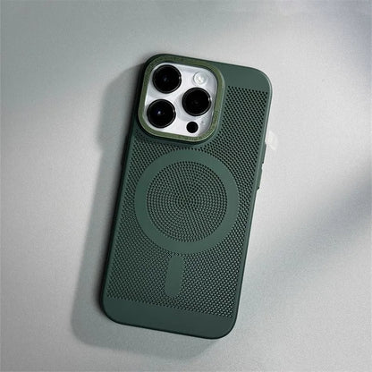Honeycomb Grid Hole MagSafe Case for iPhone 16 15 Pro Max 14 Alloy Lens Summer Heat Dissipation Magnetic Back Cover PC Shell