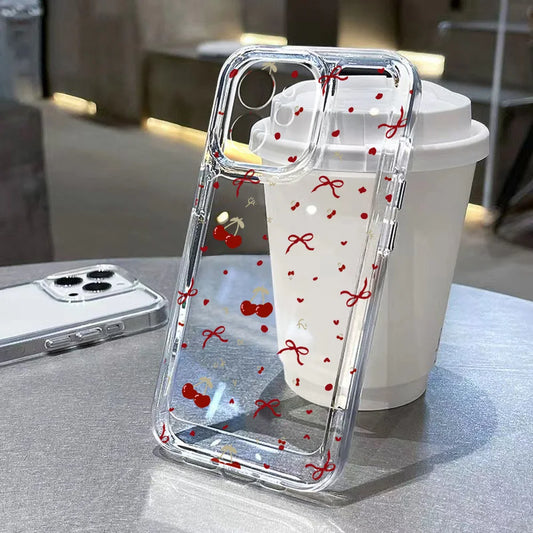 Cute Bow Cherry Phone Case For iPhone 16 Pro Case iPhone 13 11 15 12 14 Pro Max XR XS X 7 8 Plus SE 2020 Shockproof Clear Cover