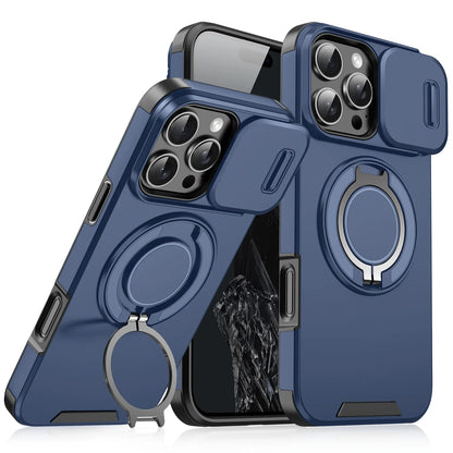 Luxury Heavy-Duty Rugged Armor Magnetic Bracket Case For iPhone 17 16 15 14 13 12 11 Pro Max Slide Camera Protection PC Cover