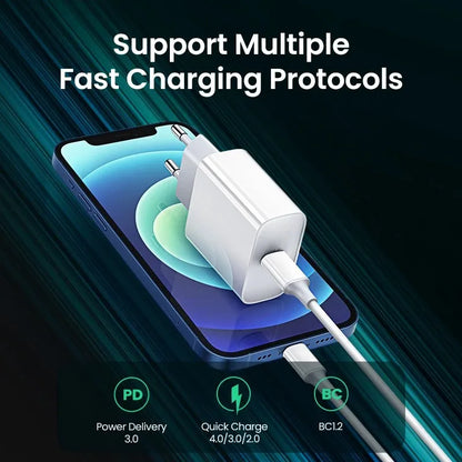 20W PD EU Fast Wall Charger for iPhone 11 12 13 Pro XS Max 14 Plus X XR Rapid Charge 1m 2m USB-C Charging Cable With Retail Box
