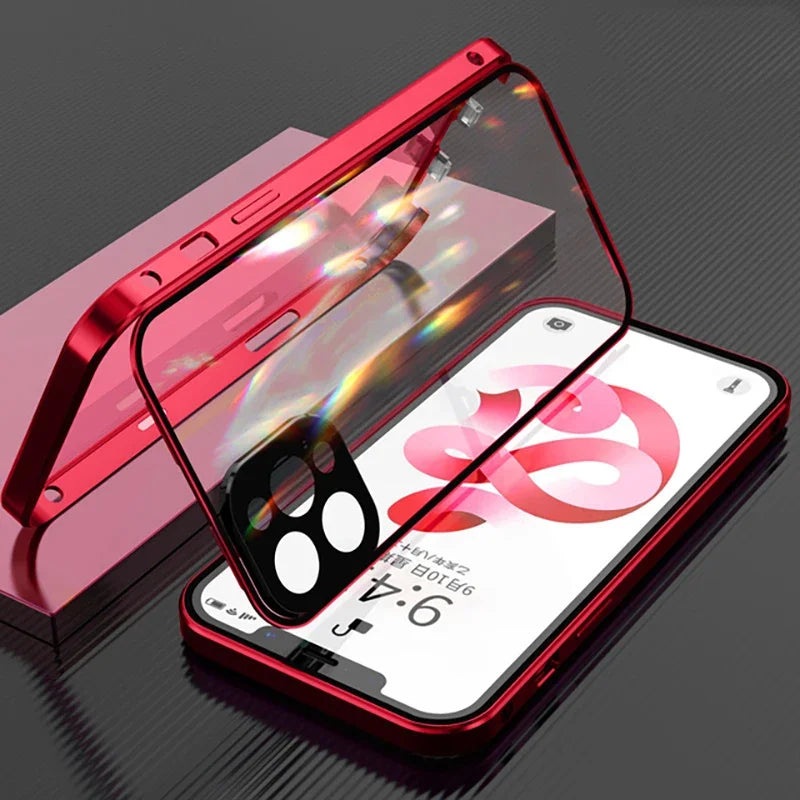 Clear 360° Full Protection Metal Magnetic Double-Sided Glass Press Phone Case for iPhone 16e 16 Pro Max 14 13 12 15 Pro Max Case