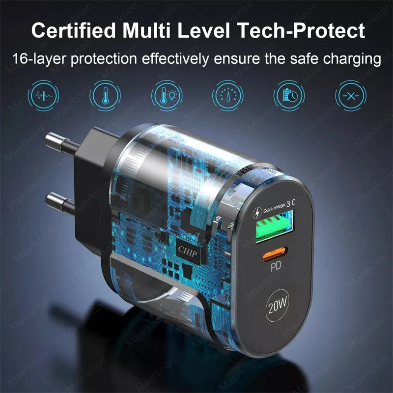2 Ports USB Charger Quick Charge 3.0 PD 20W Type C Phone Charger Fast Charging Adapter For iPhone 13 12Pro Huawei Xiaomi Samsung