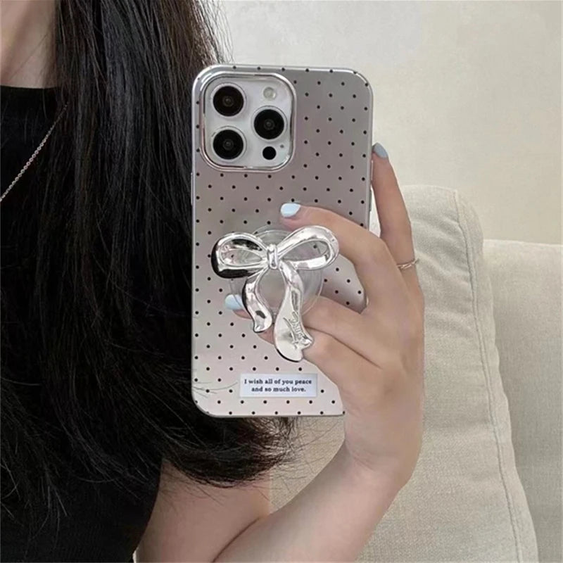 Korean Cute Silvery Bowknot Griptok Clear Phone Finger Ring Holder Stand Support For iPhone Samsung Foldable Socket Girl Bracket