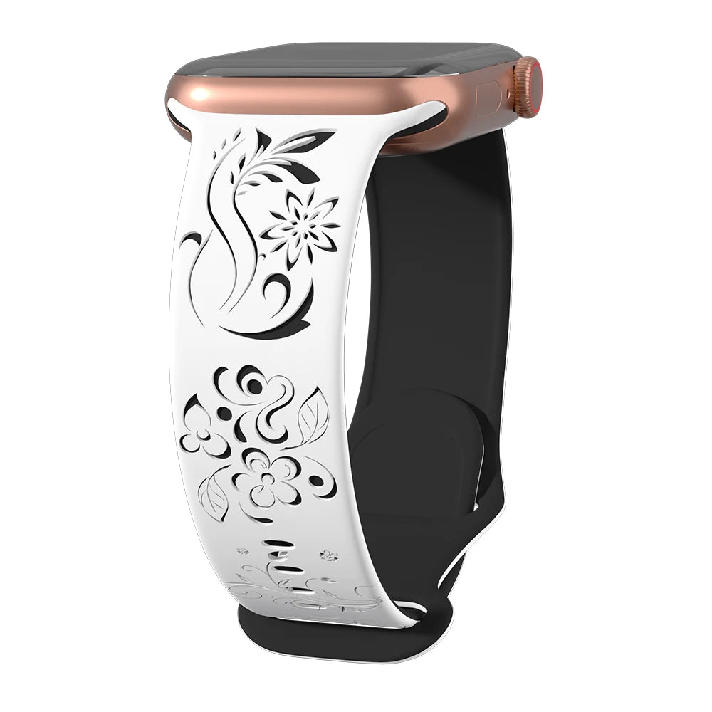 Silicone Band For Apple Watch Strap 49mm 44mm 46mm 40mm 41mm 42mm 45mm Flower Engraved Bracelet iWatch Series Ultra 10 9 6 5 se