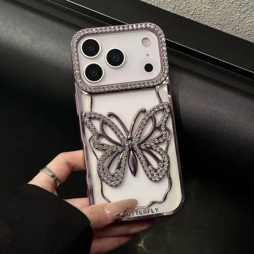 Plating Butterfly Hollow Glitter Diamond Case For iPhone 17 16 15 14 13 Pro Max Plus Bling Sparkling Rhinestone Shockproof Cover