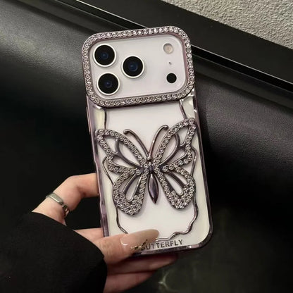 Plating Butterfly Hollow Glitter Diamond Case For iPhone 17 16 15 14 13 Pro Max Plus Bling Sparkling Rhinestone Shockproof Cover