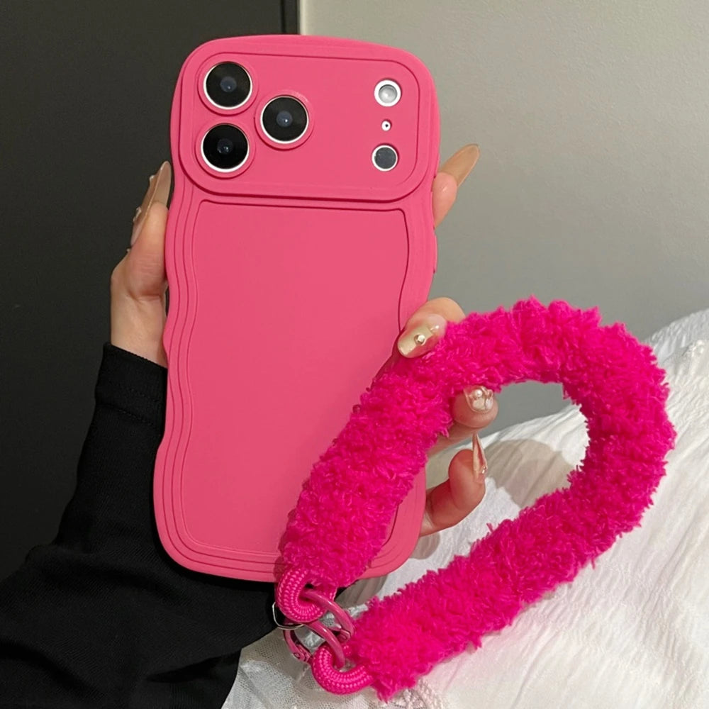 Liquid Silicone Plush Wrist Strap Case For iPhone 17 16E 15 14 13 12 11 Pro Max Plus 6 7 X XR XSMAX Anti-Slip Soft Bumper Cover