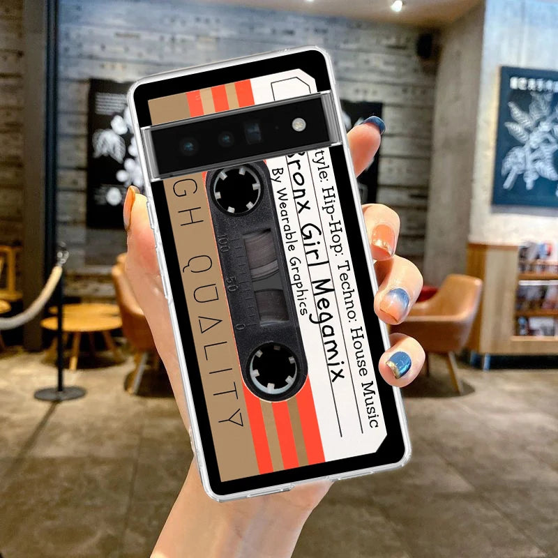 Phone Case For Google Pixel 9 8 7 6 9A 8A 7A 6A 5 4 5A 4A 3A Pro XL Soft Clear TPU Transparent Cover vintage Cassette Tape