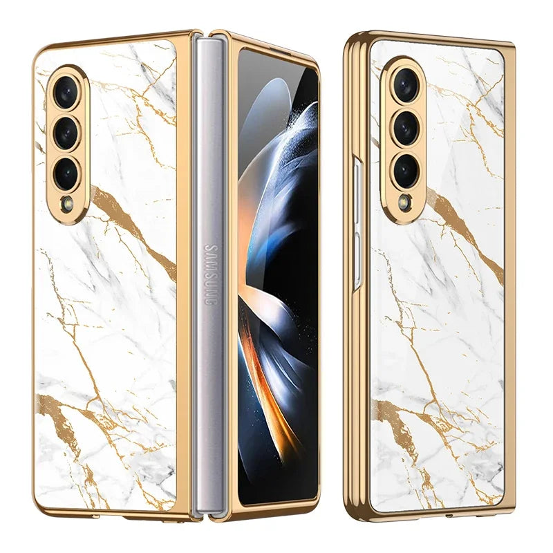 Luxury Plating Frame Case For Samsung Galaxy Z Fold 4 5G Painted Pattern Tempered Glass Hard Cover For Galaxy Z Fold5 4 3 Case