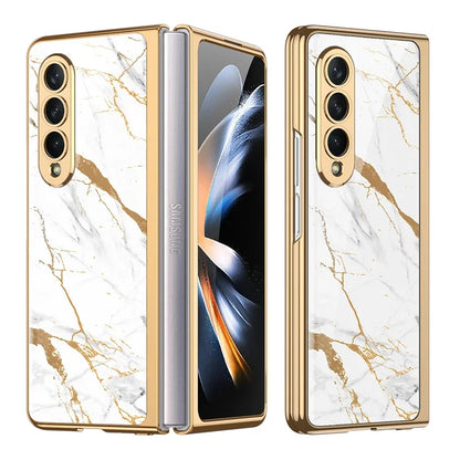 Luxury Plating Frame Case For Samsung Galaxy Z Fold 4 5G Painted Pattern Tempered Glass Hard Cover For Galaxy Z Fold5 4 3 Case