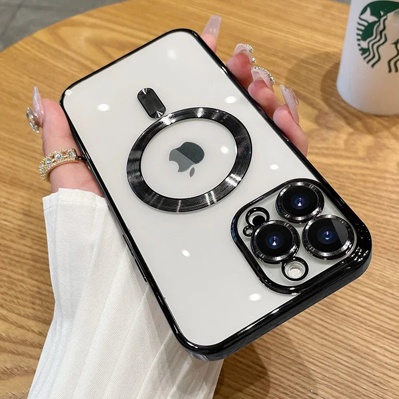 Magnetic Plating Case For iPhone 15 16 14 17 13 12 11 Pro Max Air Camera Lens Protector Glass For Magsafe Wireless Charger Cover
