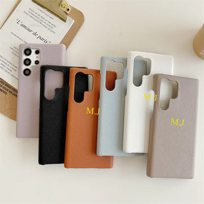 Phone Case for Samsung s23 s22 s24 ultra s21 plus s20 s10p Personalize Customize Name Letter Grain Leather Cases - covers4phones