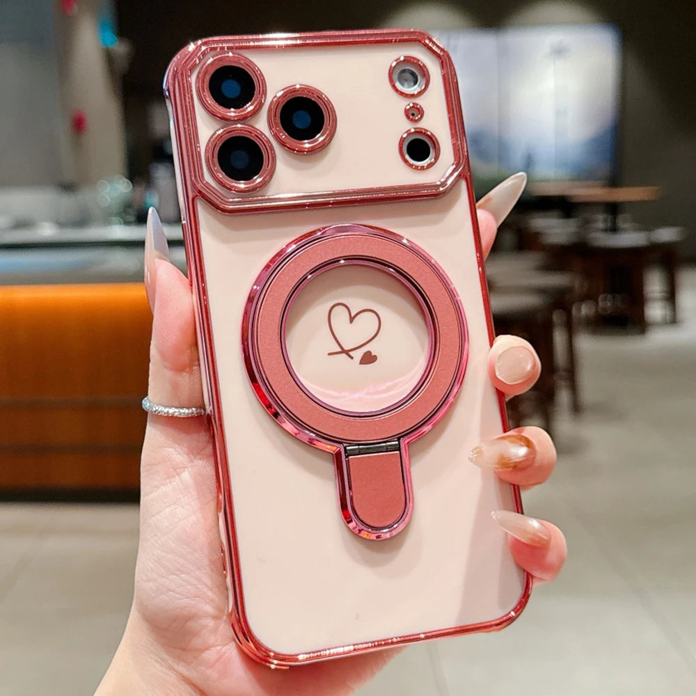 Luxury Plating Love Heart Airbag Bracket Phone Case For iPhone 17 16 15 14 13 Pro Max Plus Air Stand Holder Protection New Cover