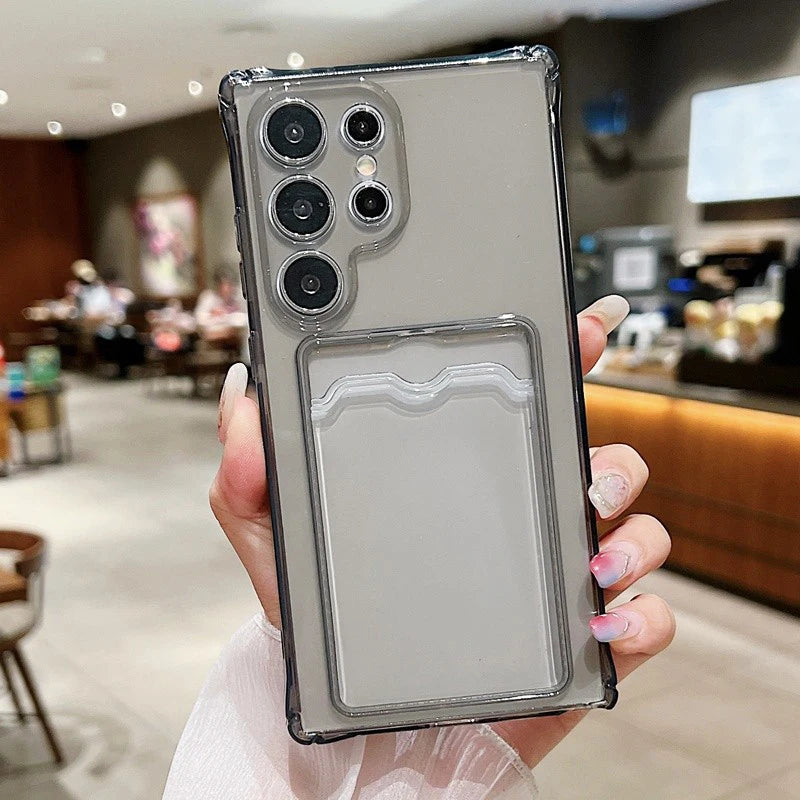 Luxury Card Pocket Silicone Soft Case For Samsung Galaxy S25 S24 S23 S21 FE S22 Ultra Plus Card Bag Clear Shockproof Fundas
