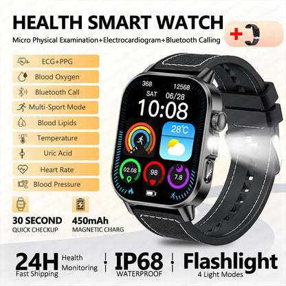 2026 New ECG Smart Watch Blood Pressure Blood Oxygen Uric Acid Monitoring IP68 Waterproof 450mAh Health Smart Watch Men Women