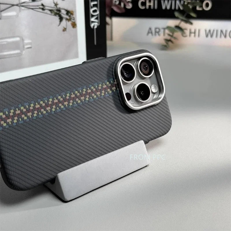 Carbon Fibre MagSafe Cover Case for iPhone 16 14 15 Pro Max Wireless Charging Magnetic Phone Shell Alloy Camera Ring Hard Coque