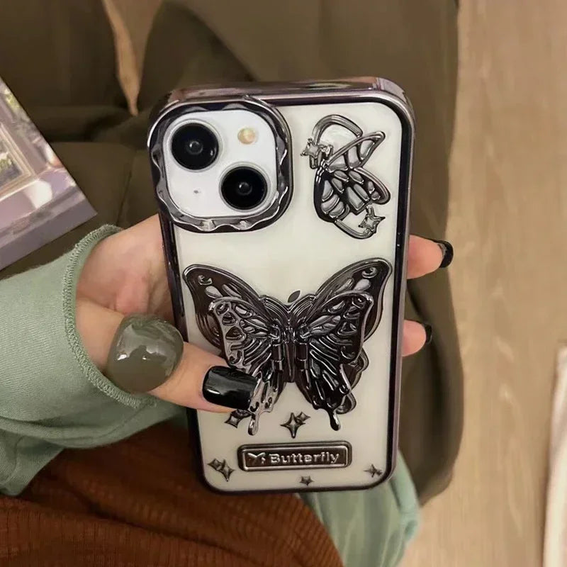 Glitter Butterfly Gradient Stand Case for iPhone 15 16 14 12 13 Pro Max 14Pro Bracket Transparent Plating Soft Silicone Cover