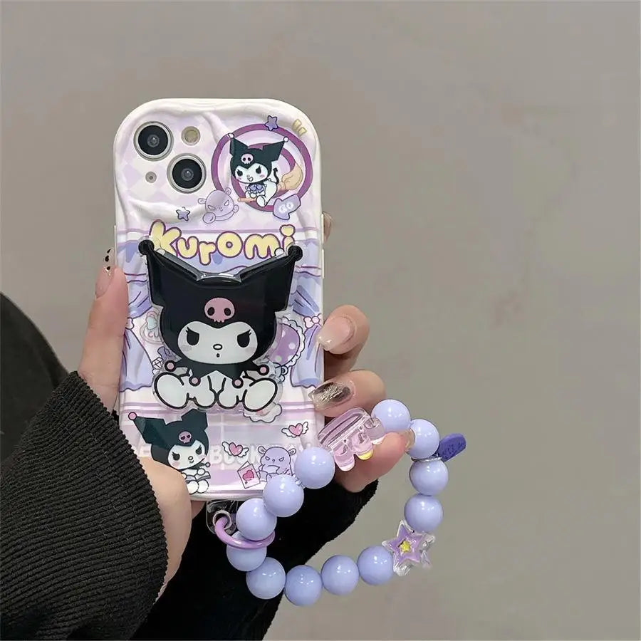 Kuromi Hello Kitty Bracket Bracelet Phone Case For IPhone 16 15 Pro Max 14 11 12 13 Mini XR 8 7 Plus X XS SE Sanrio Cute Cartoon