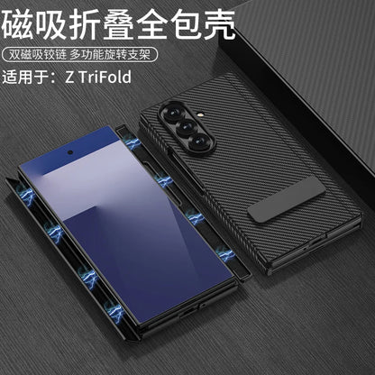 For Samsung Z Tri-Fold Phone Case TRIFOLD Dual Hinge Magnetic + Rotating Stand Z TRI-FOLD Leather Full Coverage Protection Cover