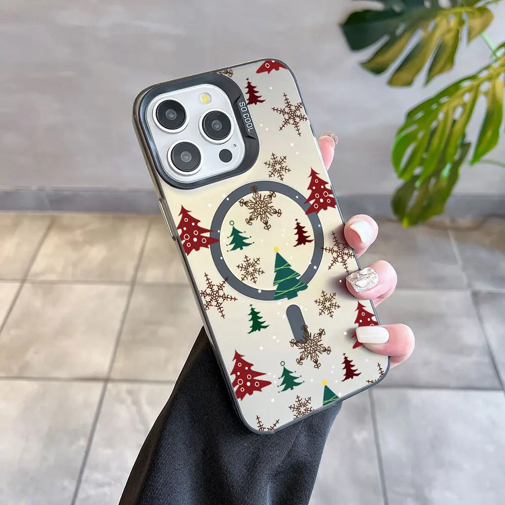 Christmas Pattern Magsafe Magnetic Case for iPhone 11 12 13 14 15 16 Pro Max Plus Soft Silver Plated Anti Fall Cover