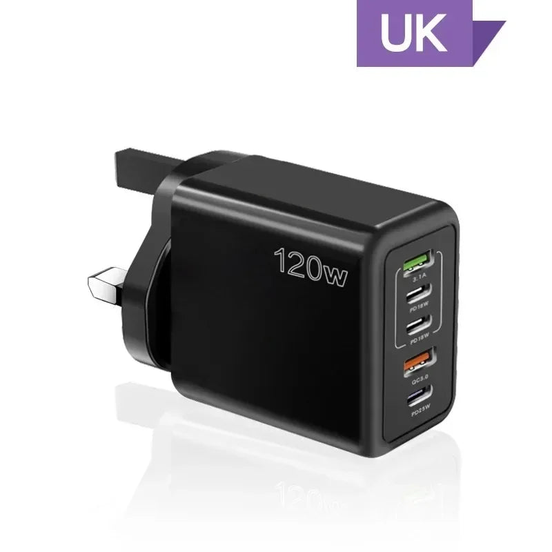 120W Fast Charger USB C Multi Ports PD Quick Charge 3.0 Wall Phone Adapter for iPhone Samsung Huawei Xiaomi Devices