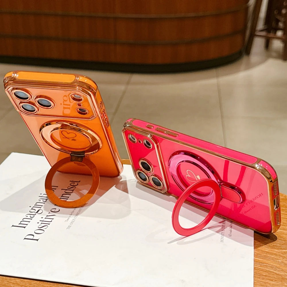 Luxury Plating Love Heart Airbag Bracket Phone Case For iPhone 17 16 15 14 13 Pro Max Plus Air Stand Holder Protection New Cover