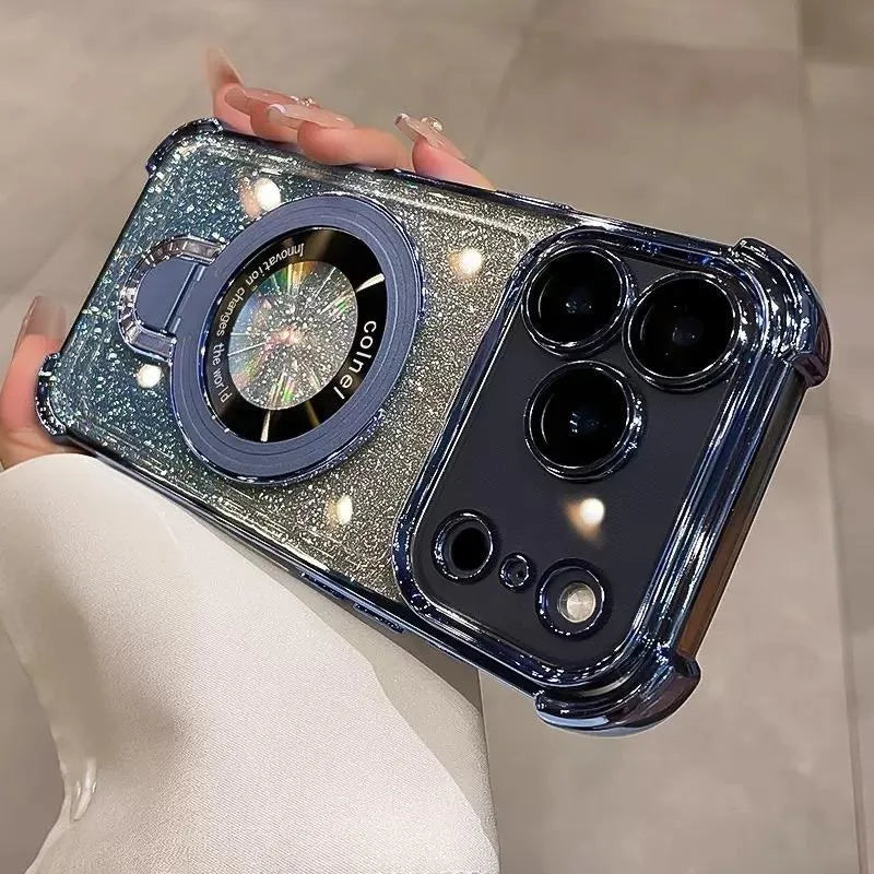 Plating for Magsafe Glitter Bracket Case for iPhone 17 16 15 Pro Max 14 Plus Air 11 12 13 Gradient Stand Airbag Shockproof Cover