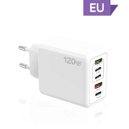 120W Fast Charger USB C Multi Ports PD Quick Charge 3.0 Wall Phone Adapter for iPhone Samsung Huawei Xiaomi Devices