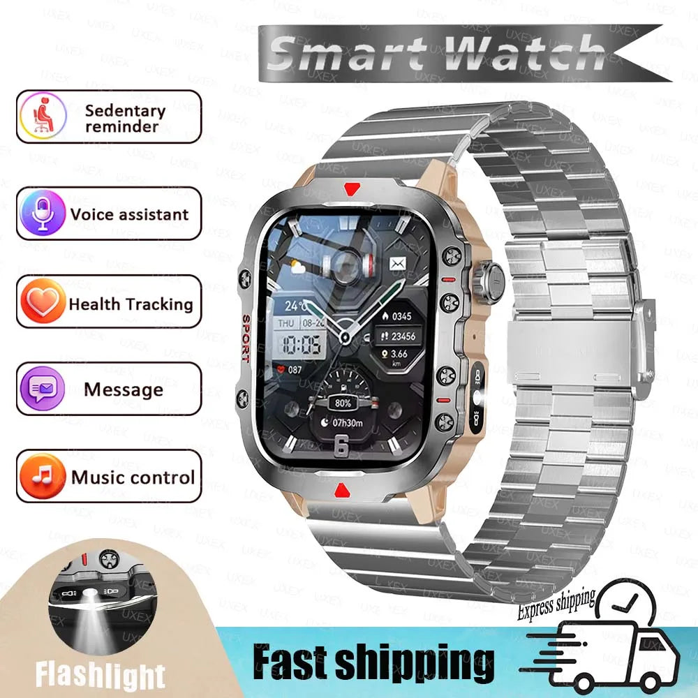 Military 2026 Sports Smartwatch Men 2.01 inch HD LED Flashlight Christmas Gift Screen Bluetooth Talking Multifunction Smartwatch