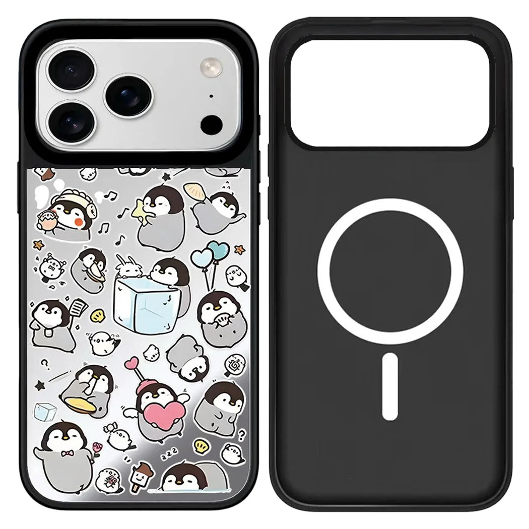 Cartoon Penguin Mirror Surface Cover for iPhone 12 13 14 15 16 17 Pro Max 17 Air Case - Protective Magnetic Case