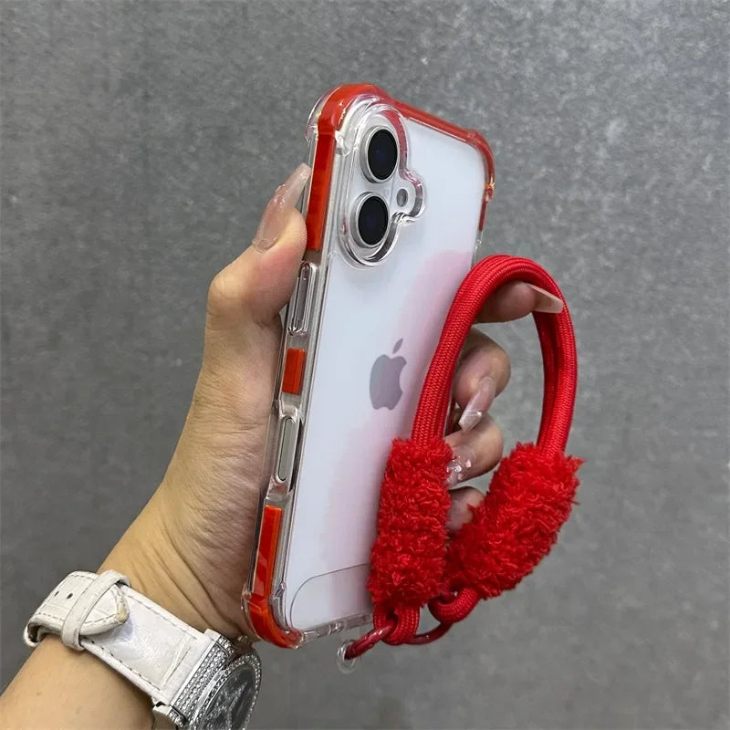 Hybrid Color Transparent Armor Case For iPhone 16 15 14 11 12 13 Pro Max Plus X Xr Xs Plush Wrist Strap Airbag Shockproof Cover
