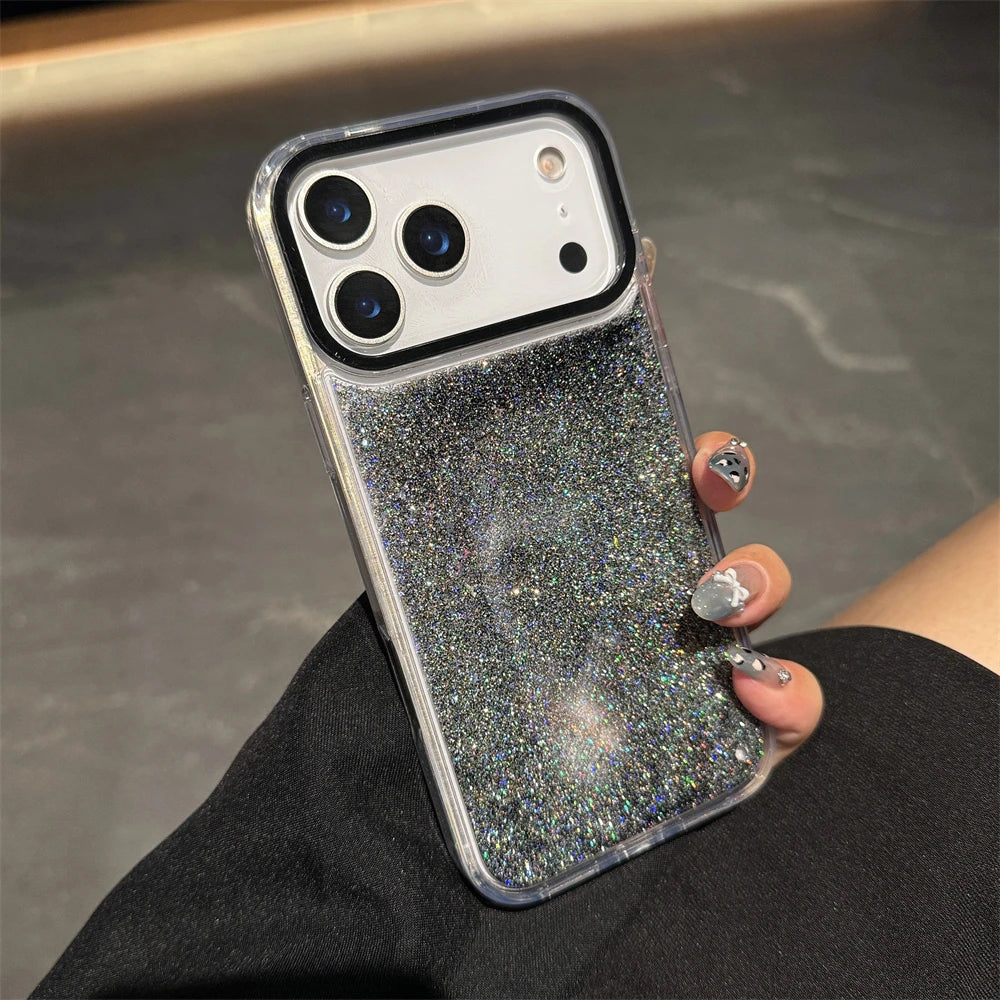 Glitter Quicksand Bling Phone Case for iPhone 17 Air 16 15 14 13 Pro Max Plus Shockproof Camera Bumper Shiny Silver Back Cover