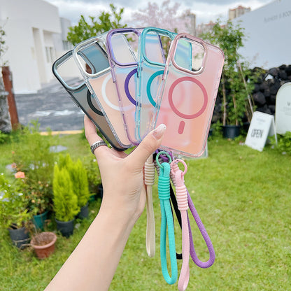 Fashion Laser Gradient Magnetic Lanyard Shockproof Case for iPhone 17 Air 16 15 14 13 11 12 Pro Max Plus E For Magsafe Cover
