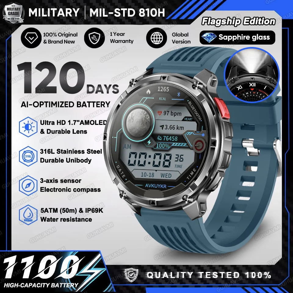 2026 New T-Rex 3 Ultra 1100mAh Military Smart Watch Men 5ATM Waterproof 1.7" AMOLED Screen Bluetooth Call Compass LED Flashlight