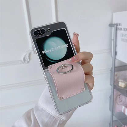 Fashion Ring Case for Samsung Galaxy Z Flip 6 5 5G 2024 New Fold Simple PC+Leather Cover Anti-knock Cases for Flip6 Flip5 Flip 5