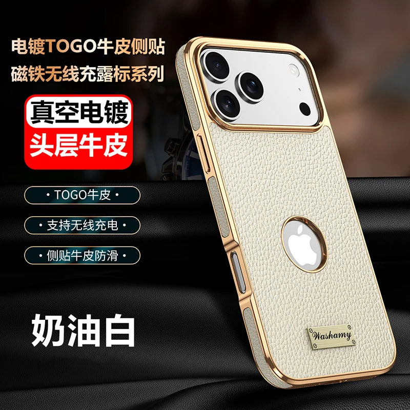 Luxury Togo Calfskin Genuine Leather Case view Window of apple logo cover For iPhone 17 16 15 14 Pro Max 17 Air Cases skin Funda
