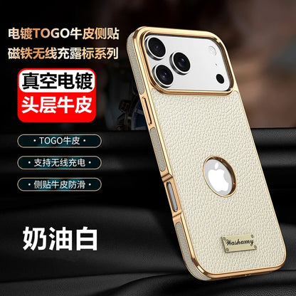Luxury Togo Calfskin Genuine Leather Case view Window of apple logo cover For iPhone 17 16 15 14 Pro Max 17 Air Cases skin Funda