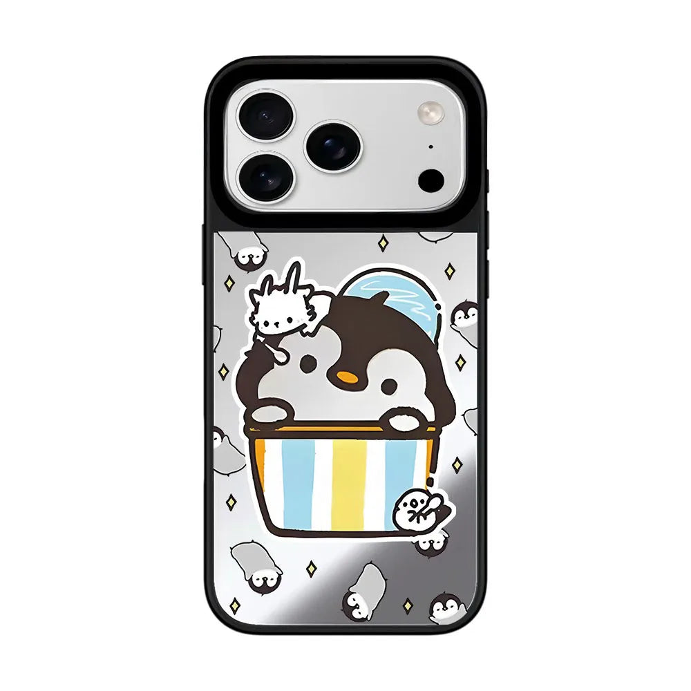Cartoon Penguin Mirror Surface Cover for iPhone 12 13 14 15 16 17 Pro Max 17 Air Case - Protective Magnetic Case