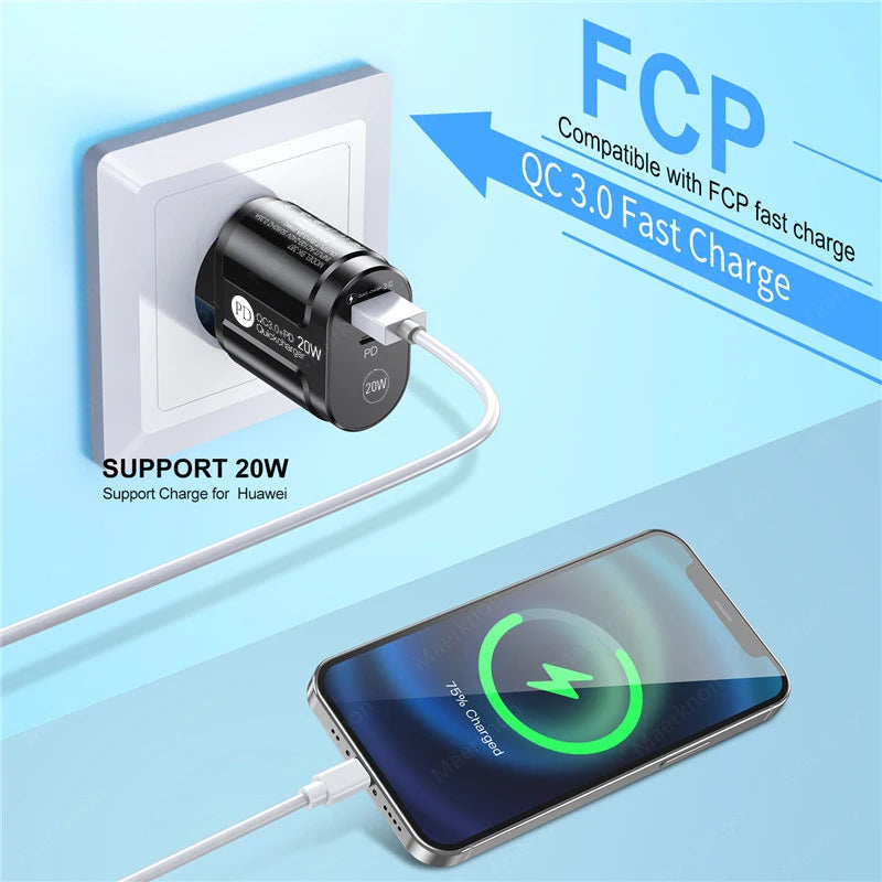 2 Ports USB Charger Quick Charge 3.0 PD 20W Type C Phone Charger Fast Charging Adapter For iPhone 13 12Pro Huawei Xiaomi Samsung