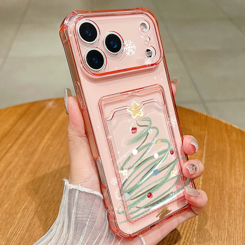 Santa Claus Card Slot Bag Clear Phone Case For iPhone Air 16e 17 16 15 14 13 Pro Max 11 12 17 Christmas Tree Soft Silicone Cover