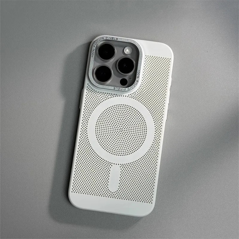 Honeycomb Grid Hole MagSafe Case for iPhone 16 15 Pro Max 14 Alloy Lens Summer Heat Dissipation Magnetic Back Cover PC Shell